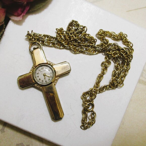 GOTHAM Gold Filled Swiss Cross Watch Necklace~ VINTAGE Mechanical Watch Necklace main image 12